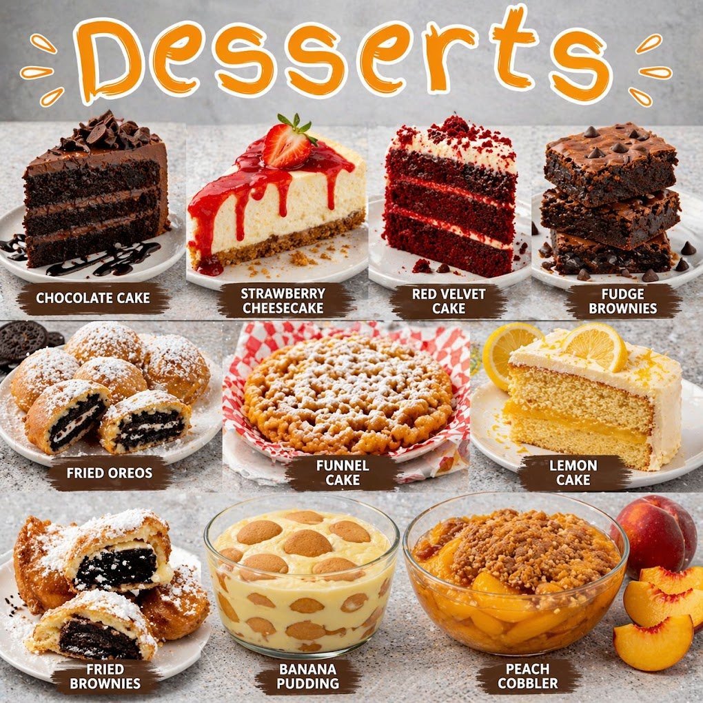 Collection of 12 desserts including chocolate cake, strawberry cheesecake, red velvet cake, fudge brownies, fried Oreos, funnel cake, lemon cake, fried brownies, banana pudding, and peach cobbler