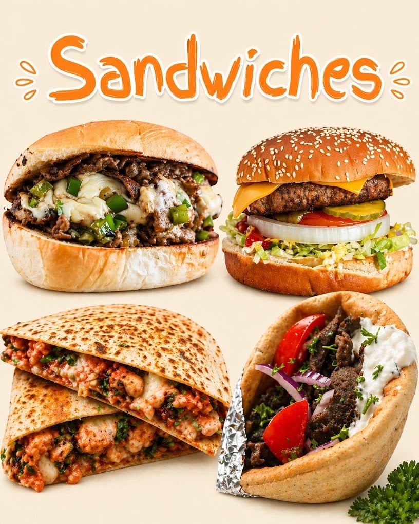 Four different sandwiches displayed: beef sandwich with white sauce, cheeseburger, meat flatbread wrap, and beef pita with vegetables on beige background