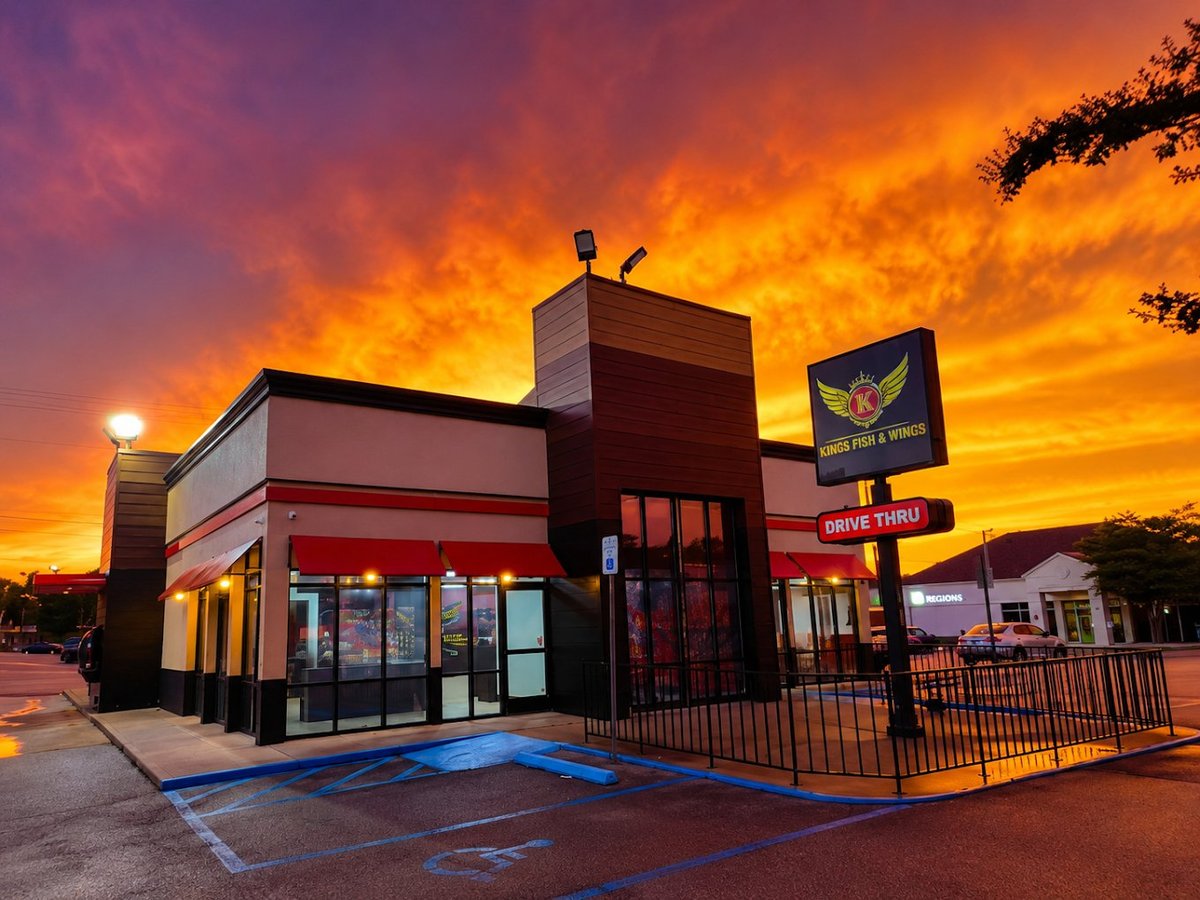 Kings Fish & Wings restaurant exterior at sunset with dramatic orange and purple sky, illuminated storefront with red awnings and drive-thru sign