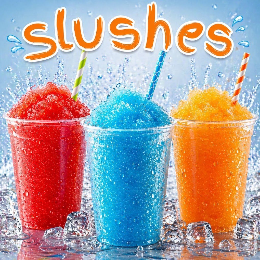Three colorful slushies in clear cups with straws - red, blue, and orange - surrounded by ice and water splashes
