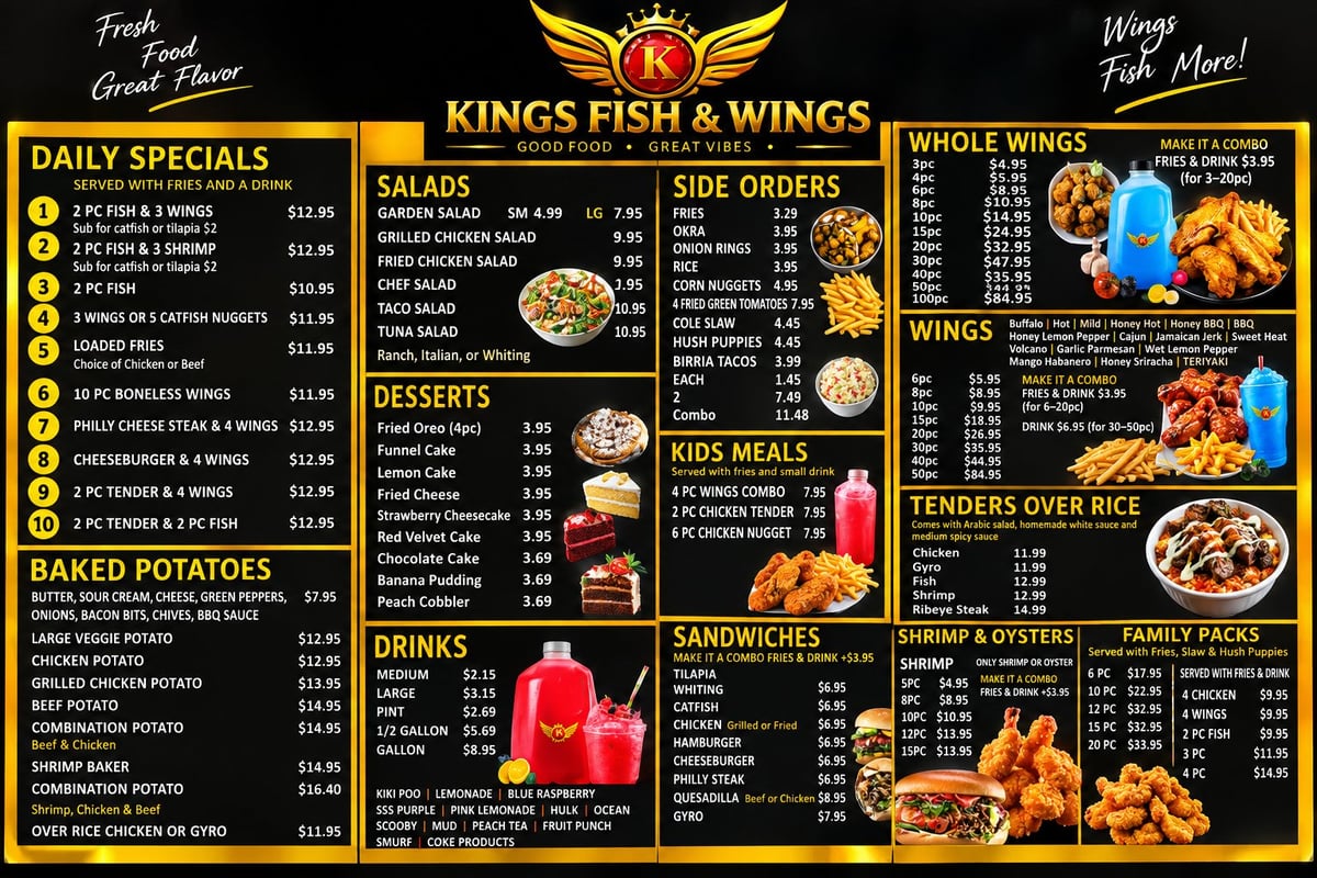 Kings Fish and Wings menu board displaying daily specials, salads, side orders, baked potatoes, desserts, drinks, whole wings, wings, tenders over rice, sandwiches, shrimp and oysters, and family packs with prices.