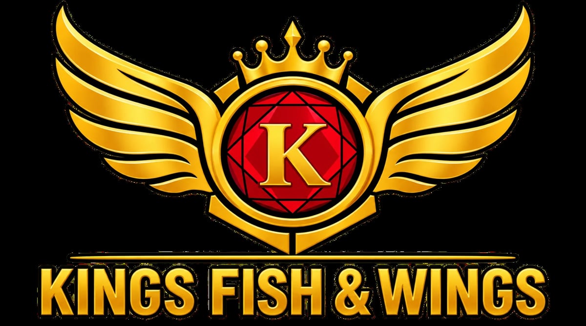 Kings Fish and Wings logo featuring a gold crown with wings on either side and a red circular emblem with the letter K